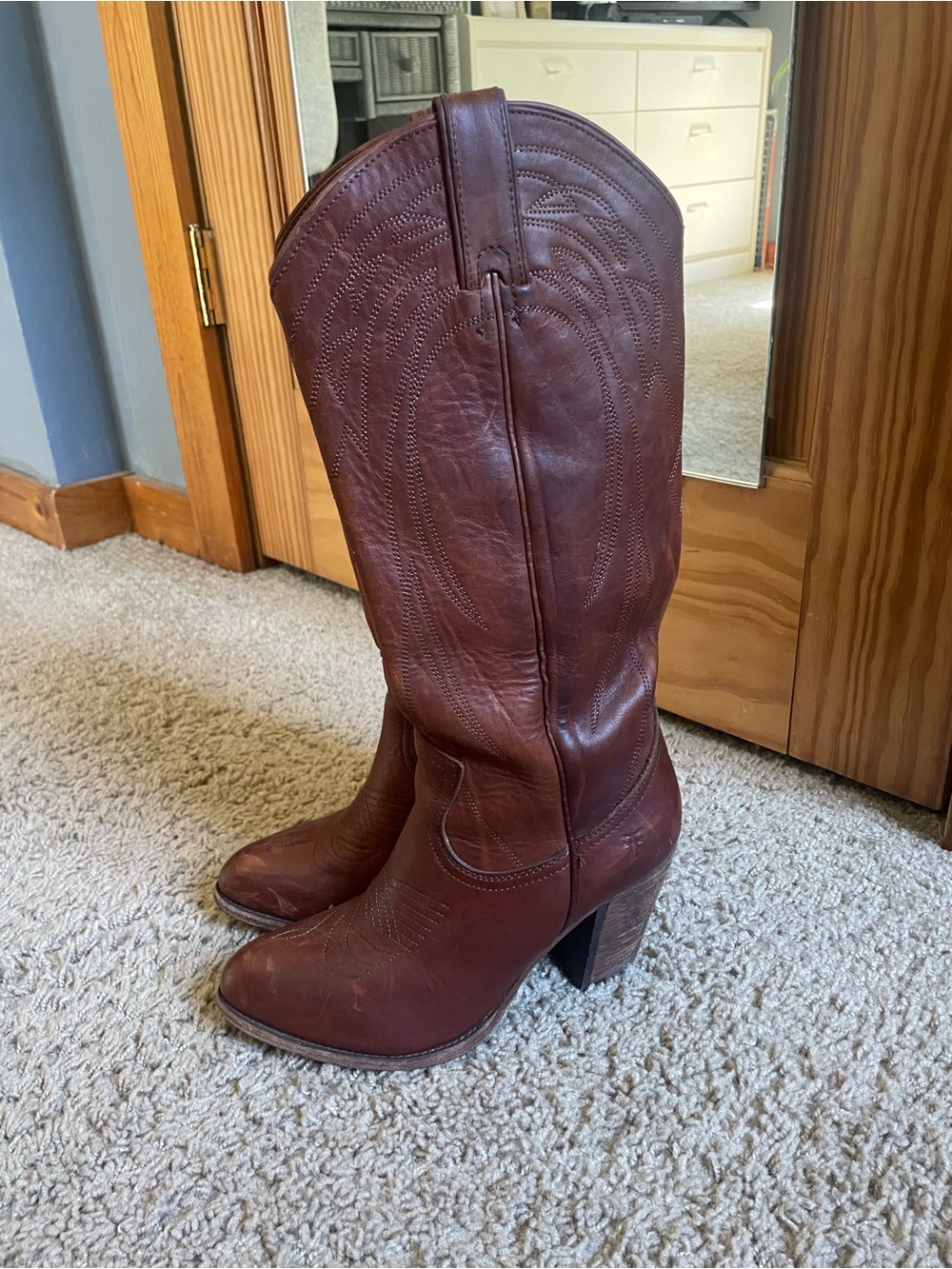 Frye Rich Brown Leather Stacked Heel Western Boots